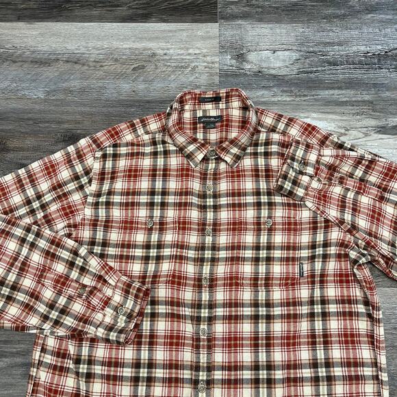 Eddie Bauer Classic‎ Fit Cream Red Brown Tartan Men XLT Flannel Button Up Shirt - Picture 1 of 10